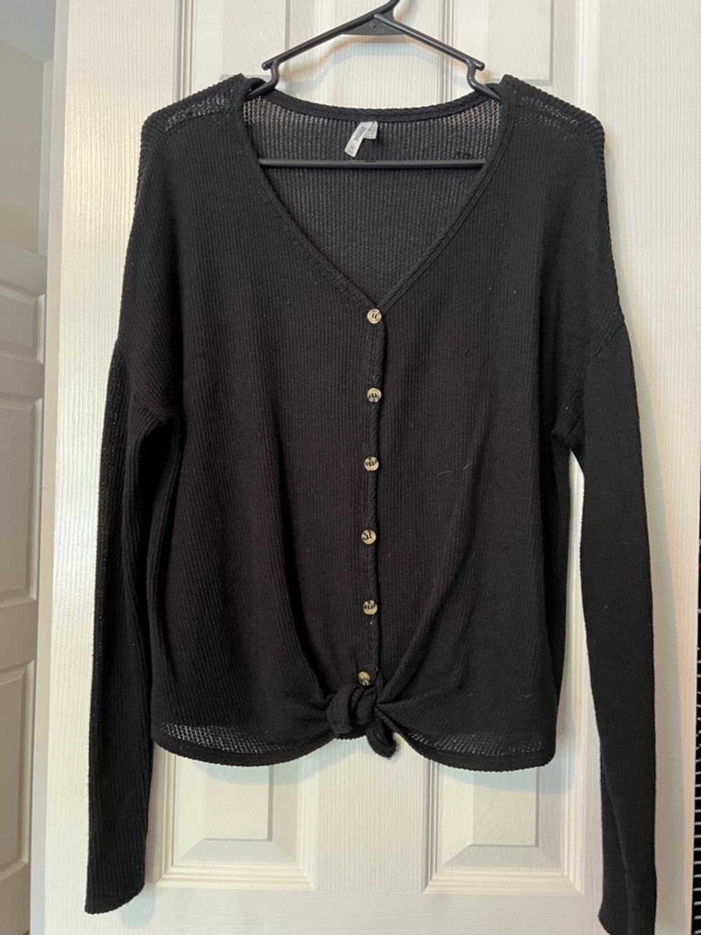 3 Casual Tie-Front Waffle Knit Sweater - Beige, Black, Burgundy - Picture 3 of 4